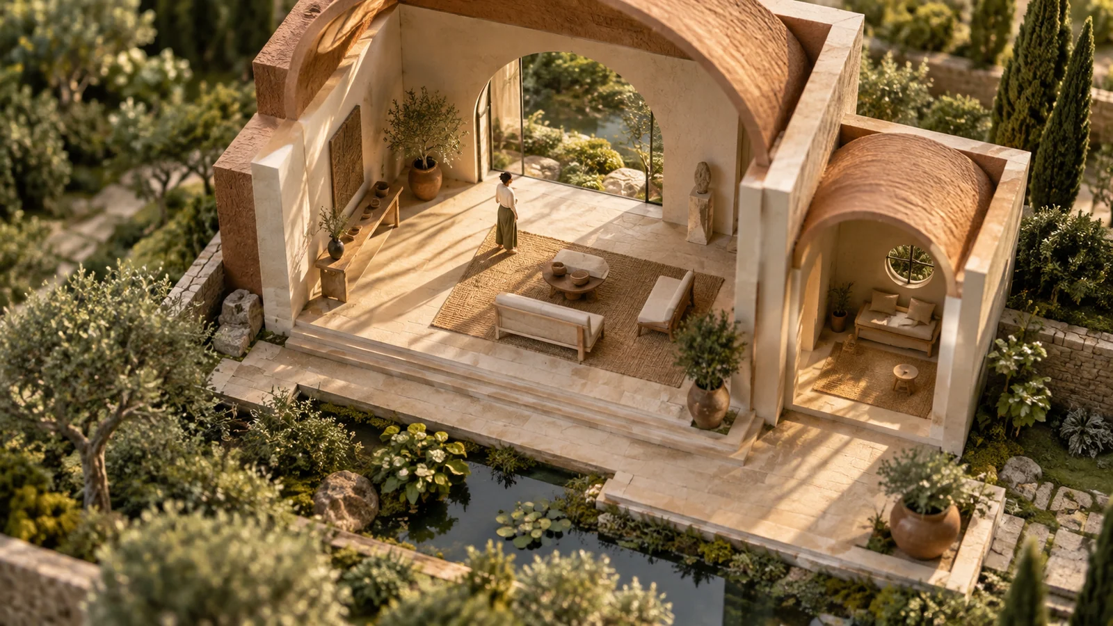 Miniature pavilion with a dominant main room and a smaller side alcove
