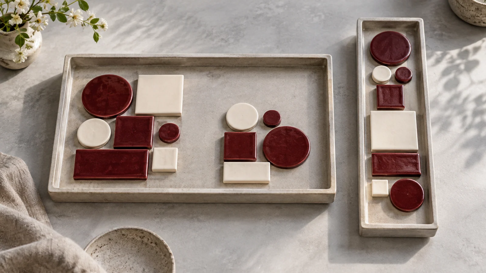 Ceramic pieces arranged across wide and narrow trays to illustrate adaptive composition