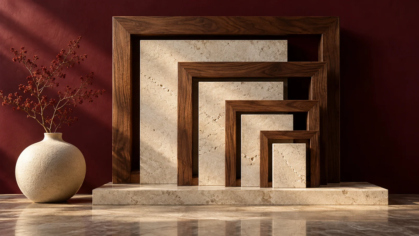 Nested walnut frames and stone slabs exploring relationships between different proportions