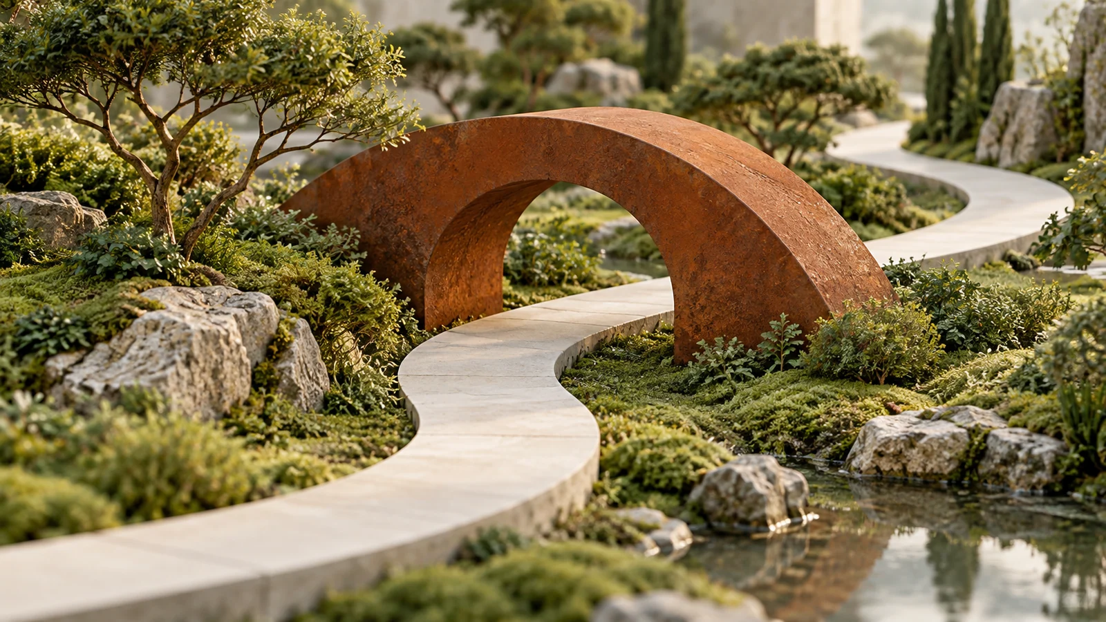 Continuous garden path reappearing in alignment beneath an arch