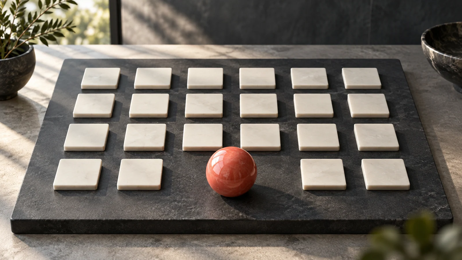 Coral sphere drawing attention away from a uniform grid of ivory tiles