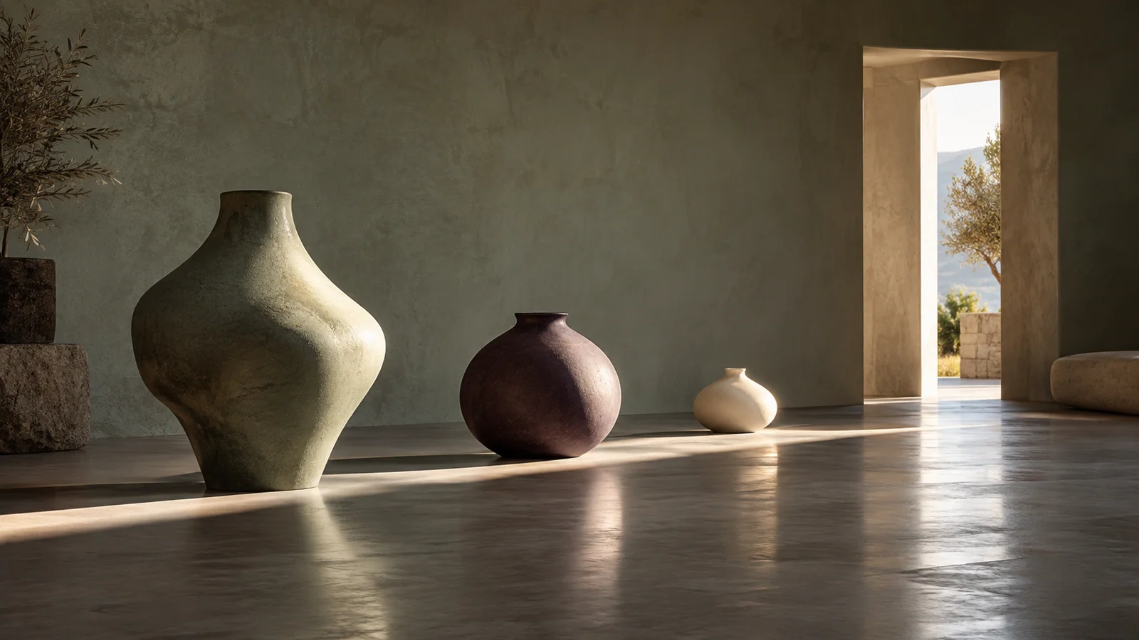 Ceramic objects and shafts of light creating a sequence of visual focal points