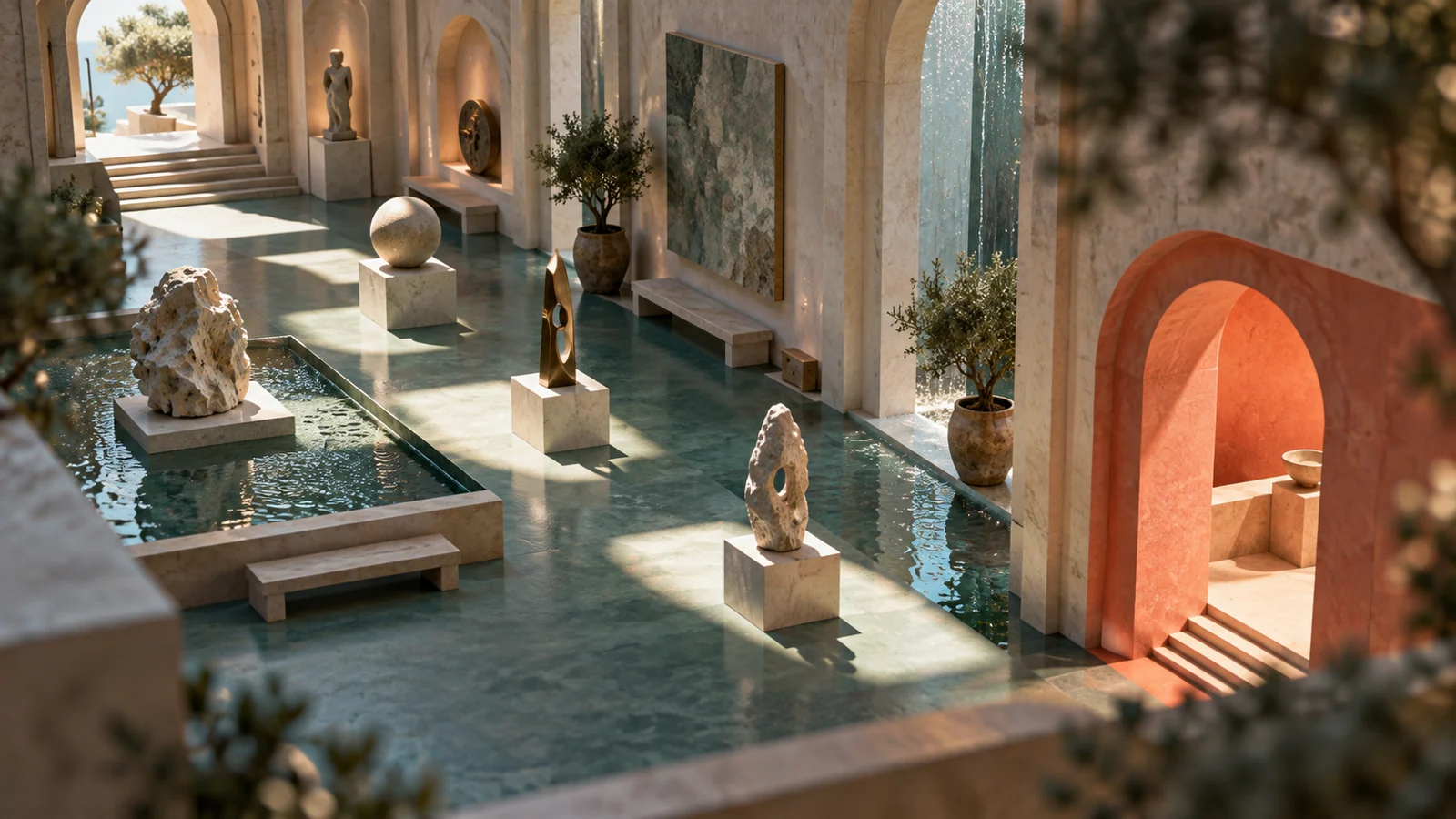 Miniature gallery guiding attention diagonally toward a coral doorway