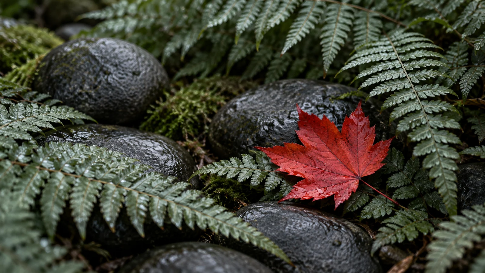 Single crimson leaf standing out among quiet green ferns and charcoal stones