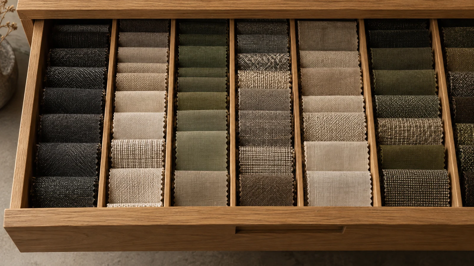 Closely arranged textile samples with consistent small gaps in an oak drawer