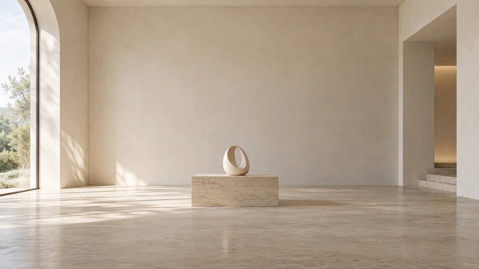 A solitary ceramic sculpture surrounded by generous negative space in a gallery