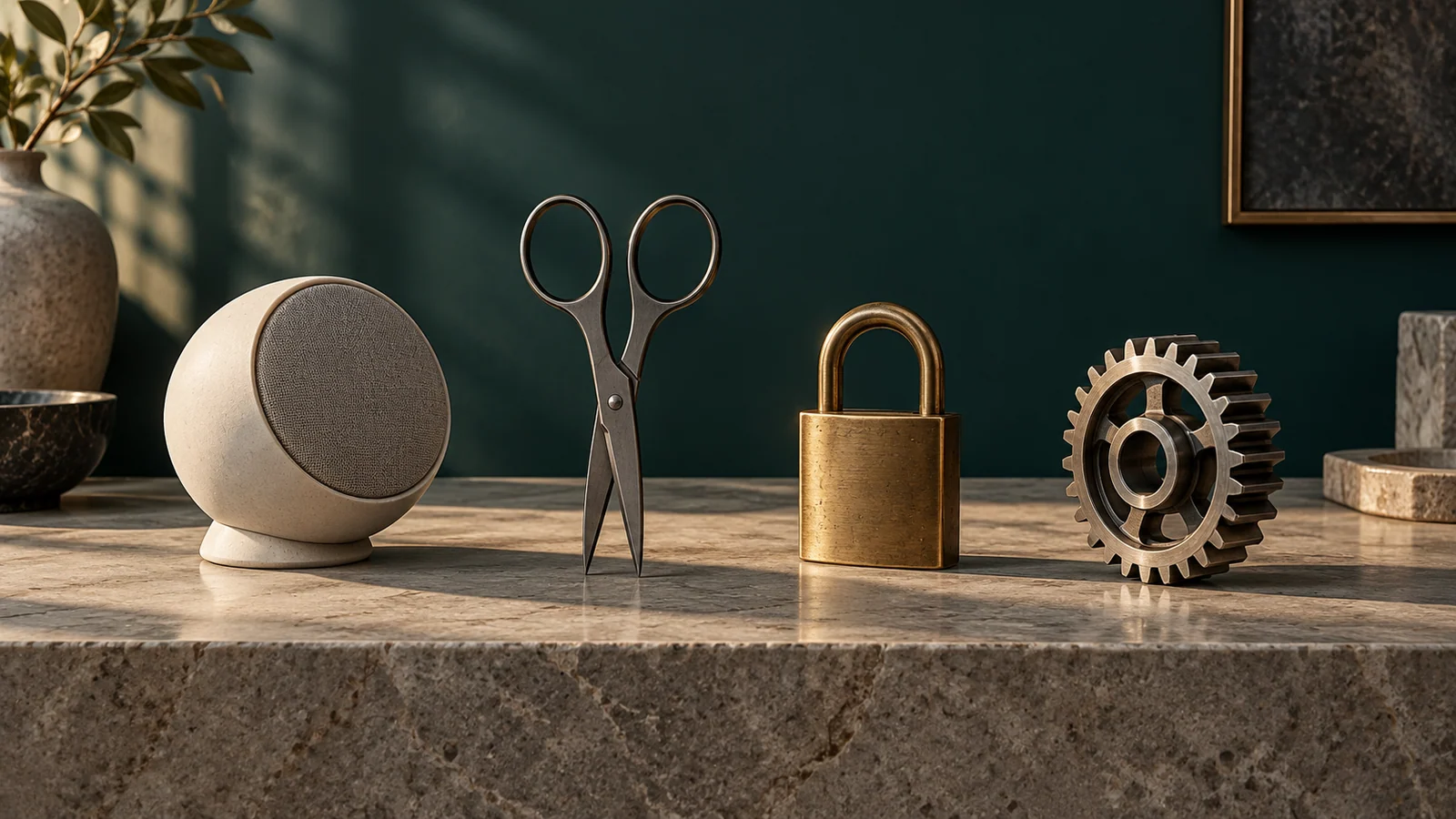 A speaker, scissors, padlock, and gear illustrating distinct sources of icon meaning
