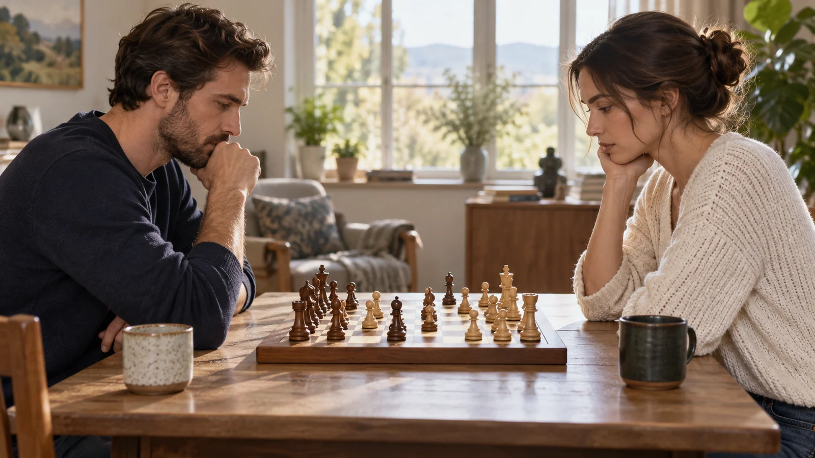 两位成年人在木桌旁安静专注地进行国际象棋对弈