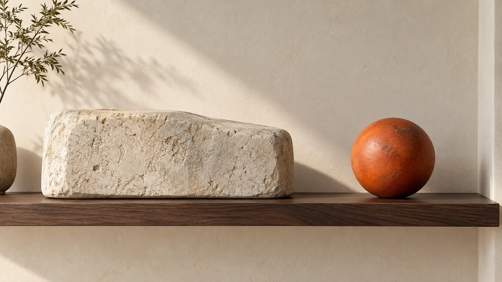 An asymmetrically balanced arrangement of a broad stone block and smaller orange sphere