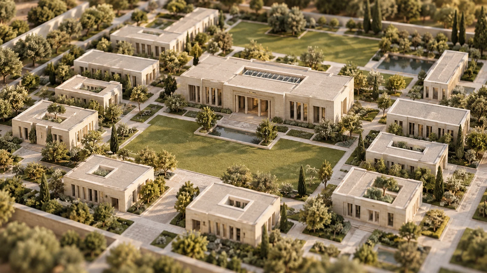 A miniature campus with orderly geometric buildings and clear spaces between groups