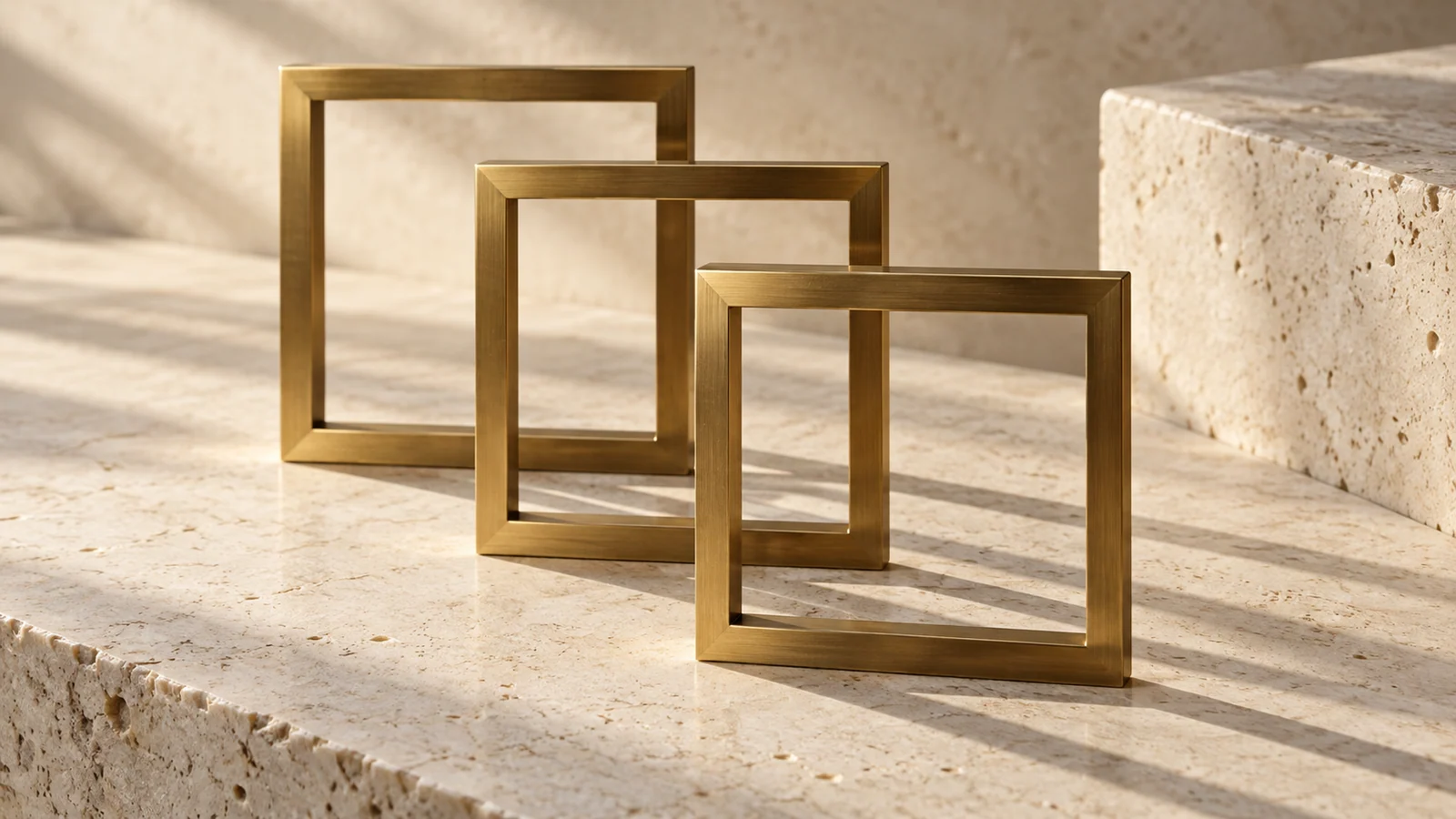 Three overlapping brass square frames perceived as complete forms