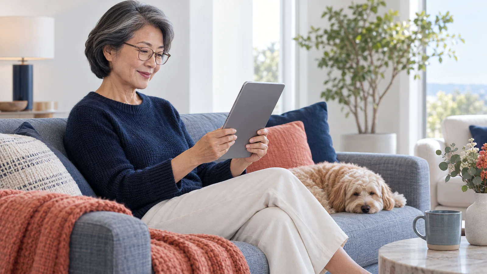 An older woman comfortably reading a tablet whose unbranded back faces the camera