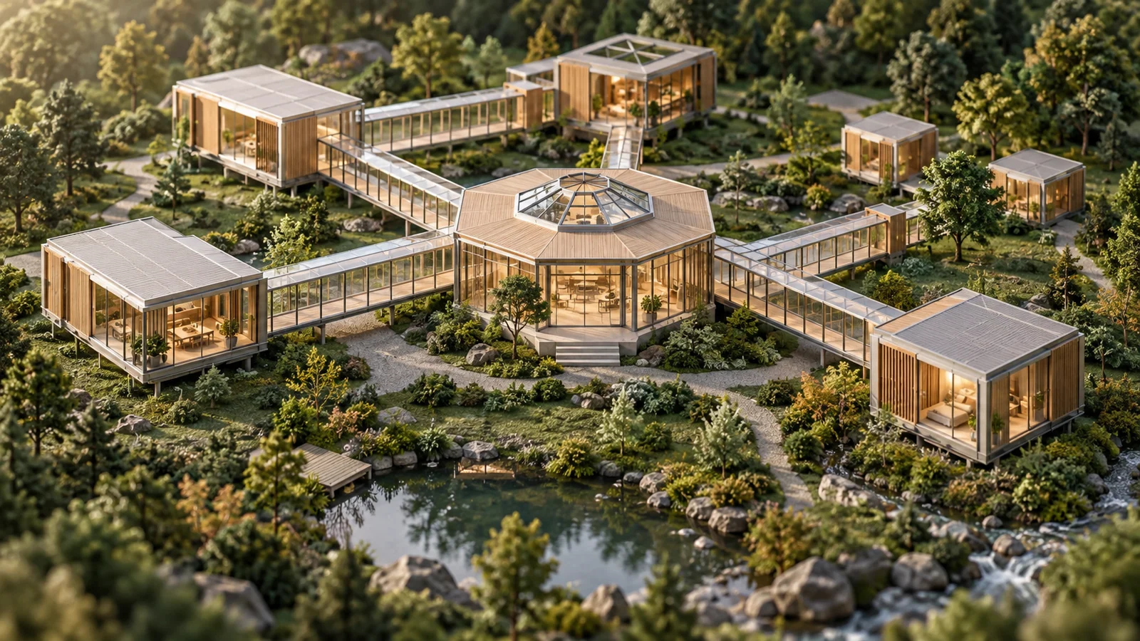 通过一致模块和连廊向外扩展的微缩建筑群
