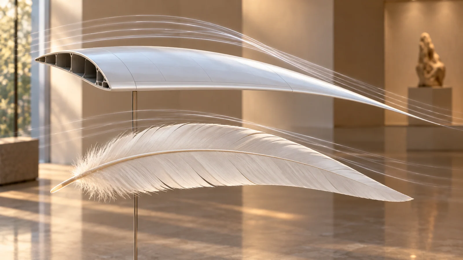An aircraft wing section paired with a feather in a conceptual biomimicry display