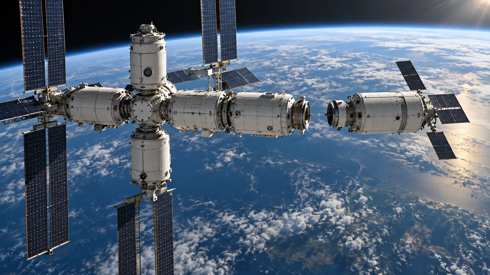 Independent space-station modules connect through standardized docking interfaces