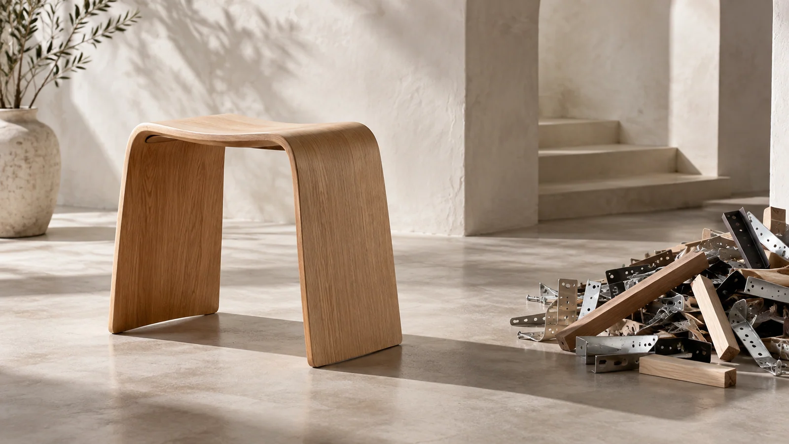 A functional bent-plywood stool contrasts structural simplicity with unnecessary loose fittings