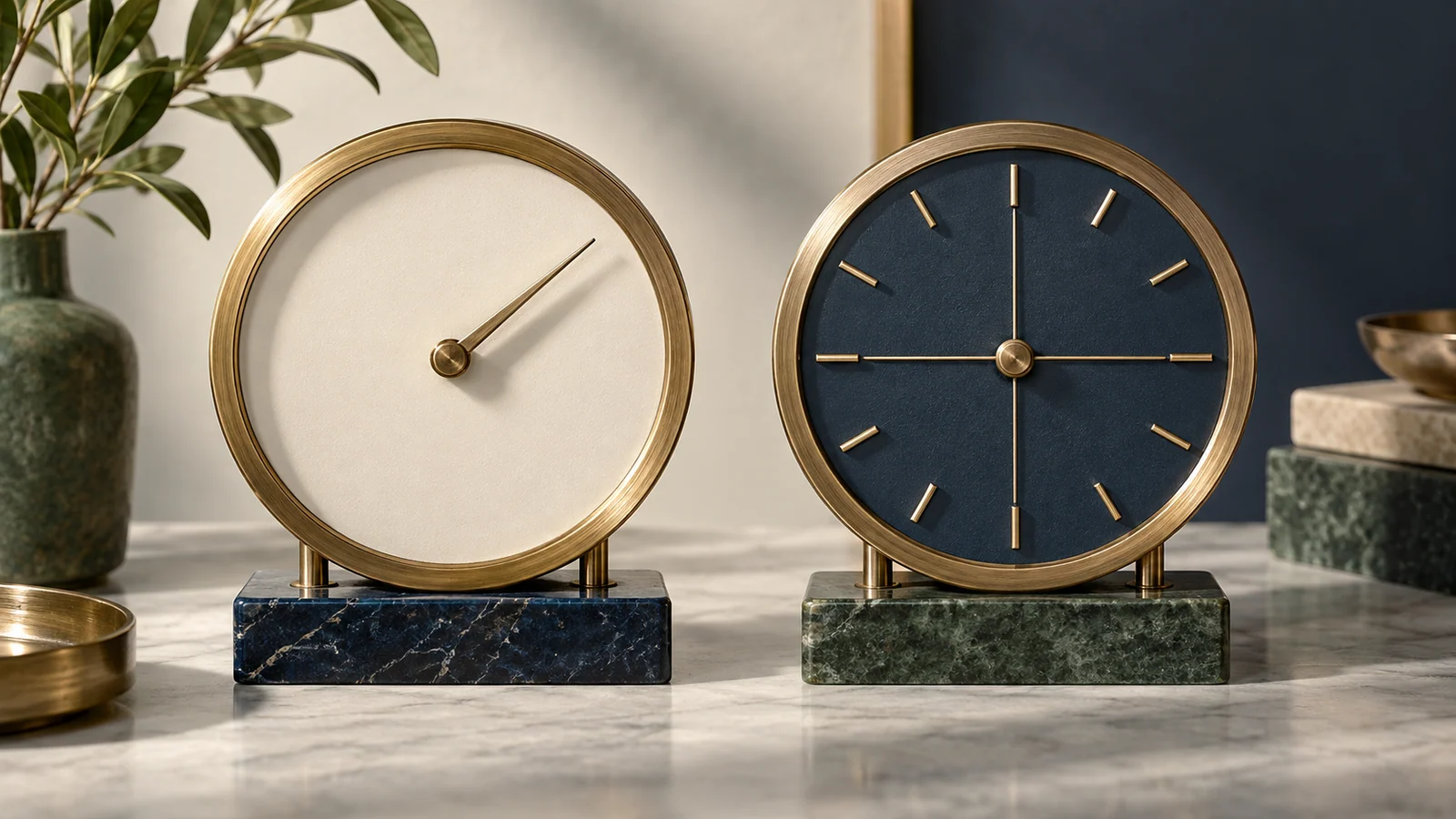 Two physical dials compare an empty face with clear orthogonal references and radial marks