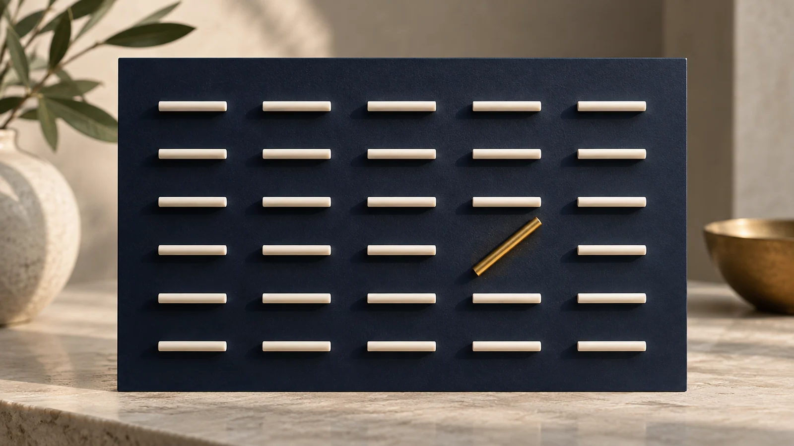 One diagonal brass rod stands out from a regular field of horizontal ivory rods