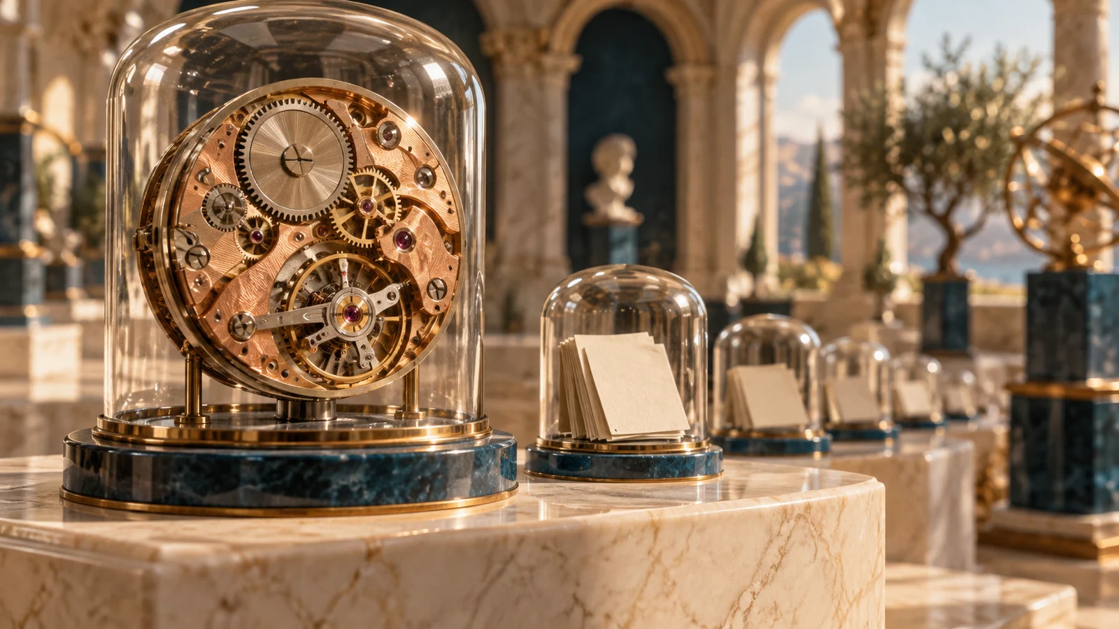 A conceptual miniature memory museum with a watch movement and receding blank cards.