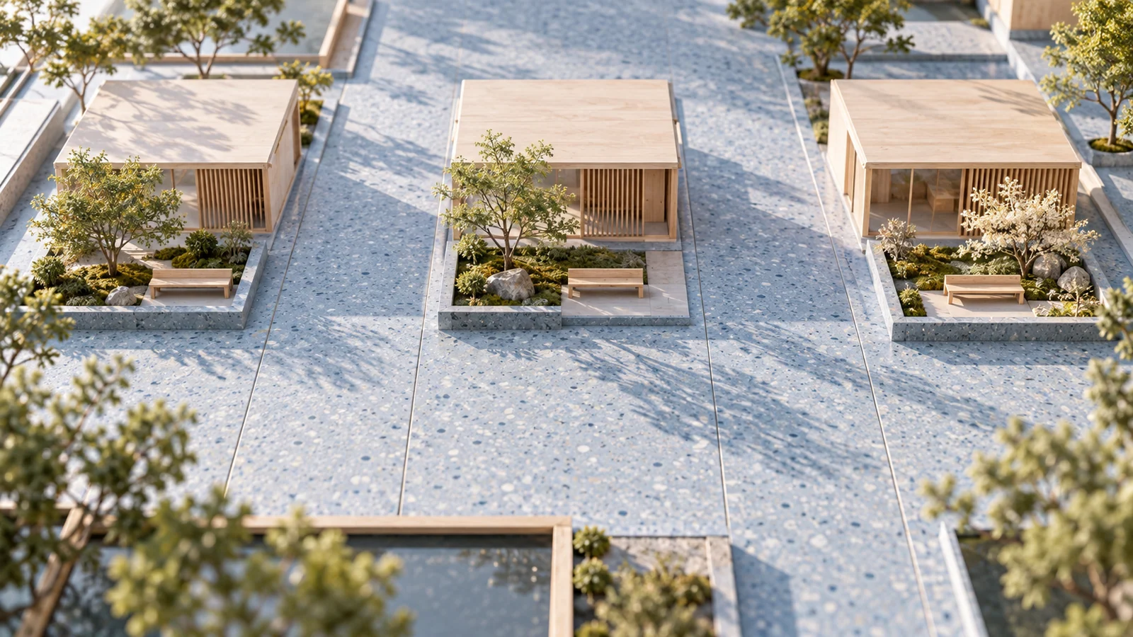Three miniature pavilions pair closely with their own gardens and benches.