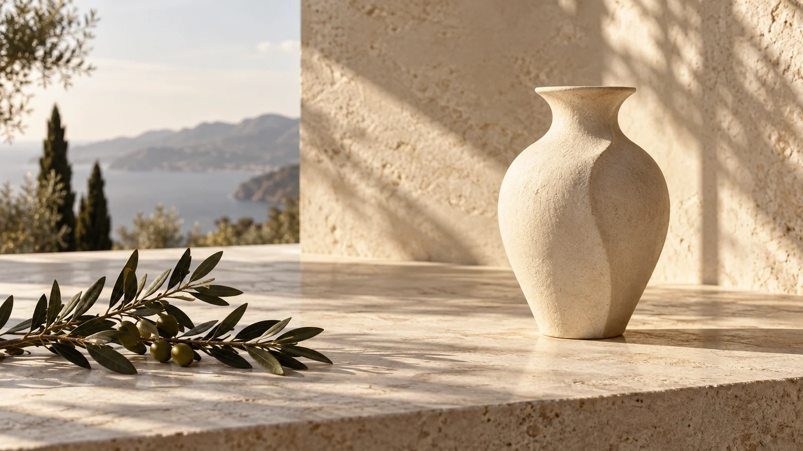 AI conceptual still life with a ceramic vessel and olive branch balancing an asymmetric composition.