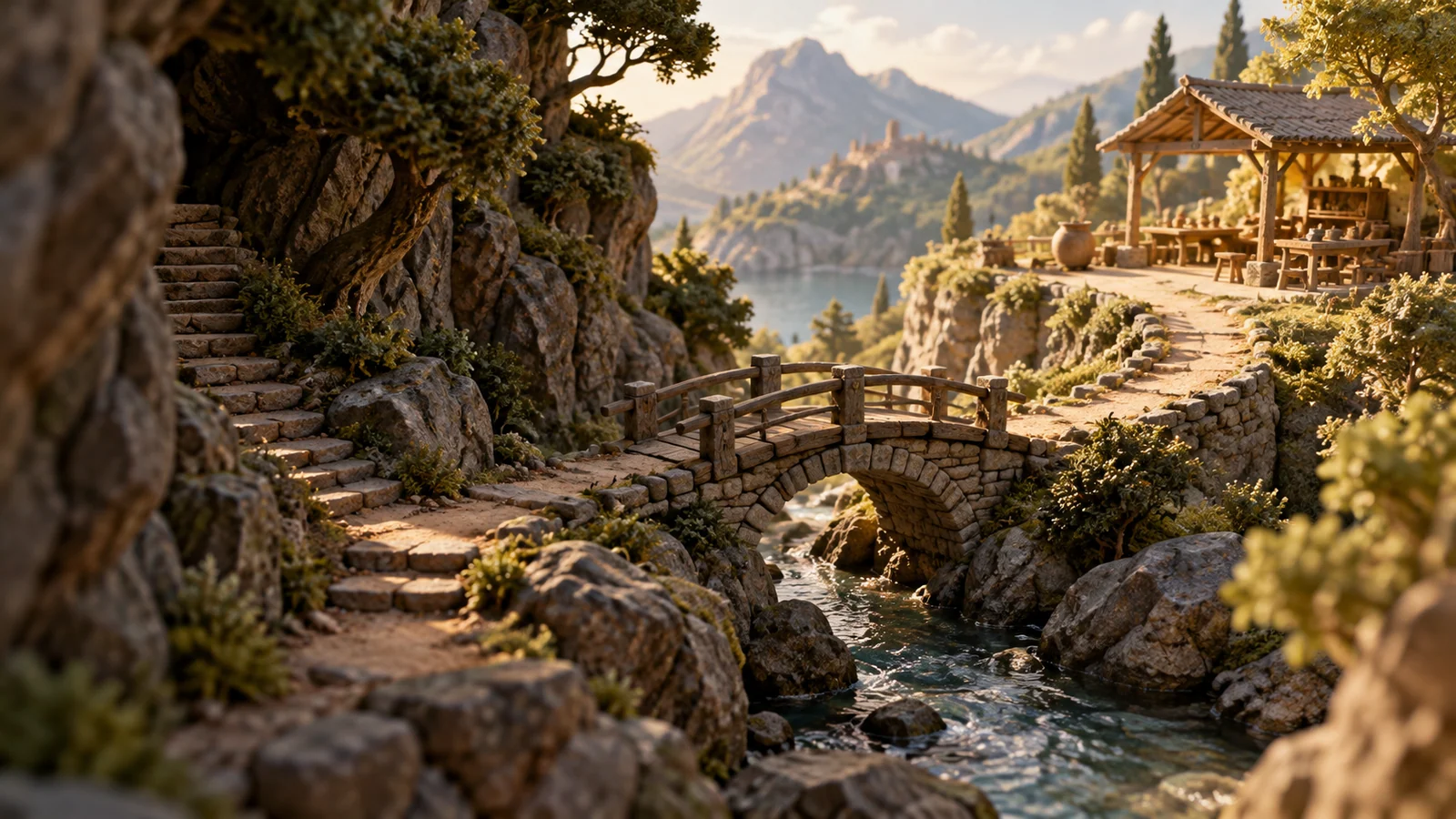 AI微缩叙事场景：路径穿过岩石障碍，经桥梁抵达明亮开放的工作亭
