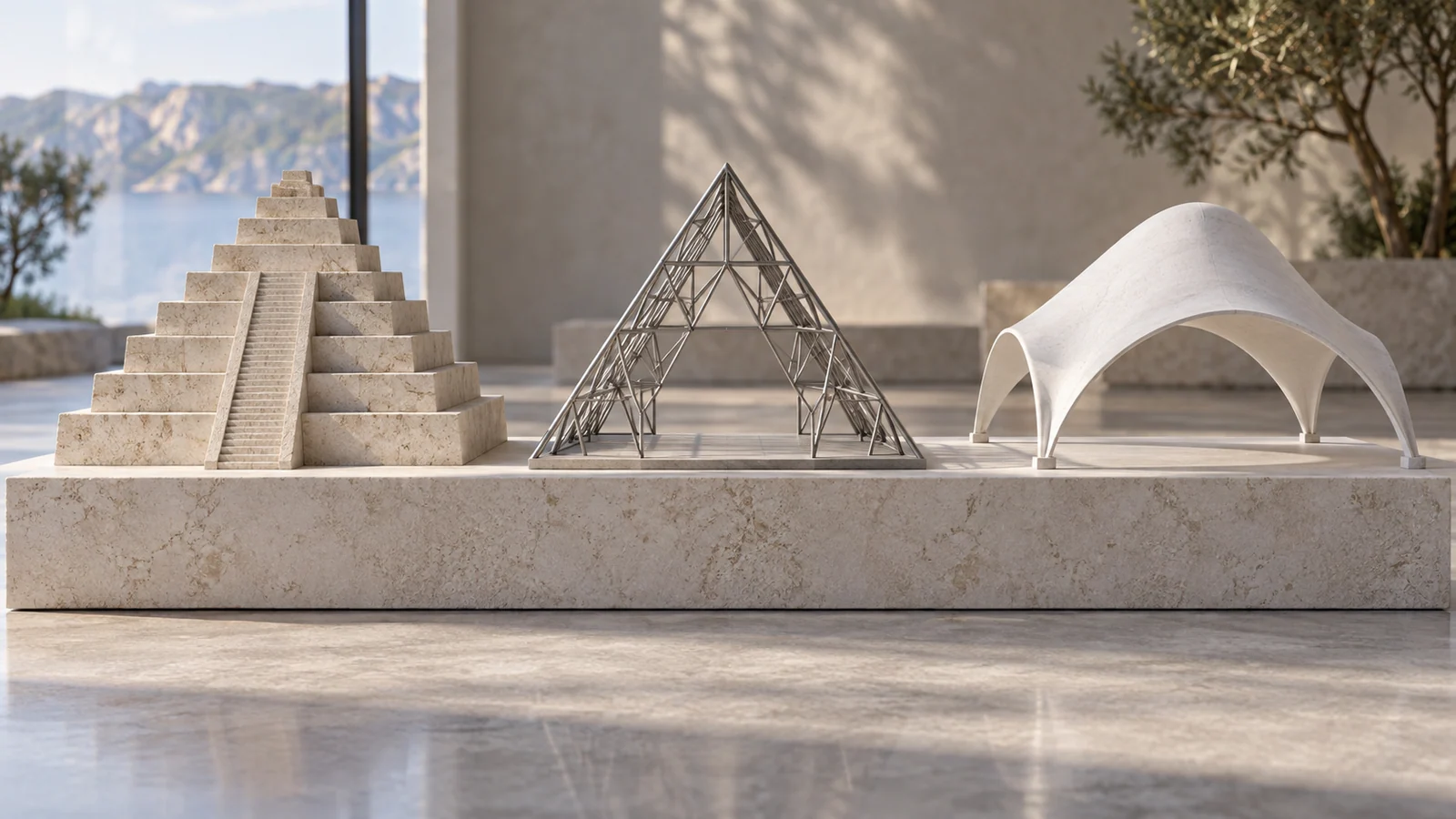 AI architectural miniatures illustrating a solid mass, triangulated frame, and curved shell.